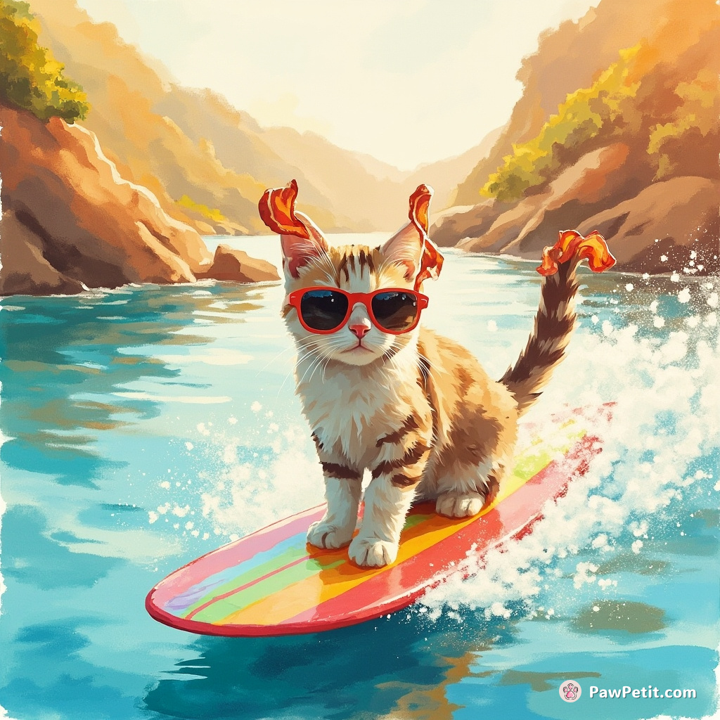 Cat surfing on a rainbow river in bacon sunglasses.