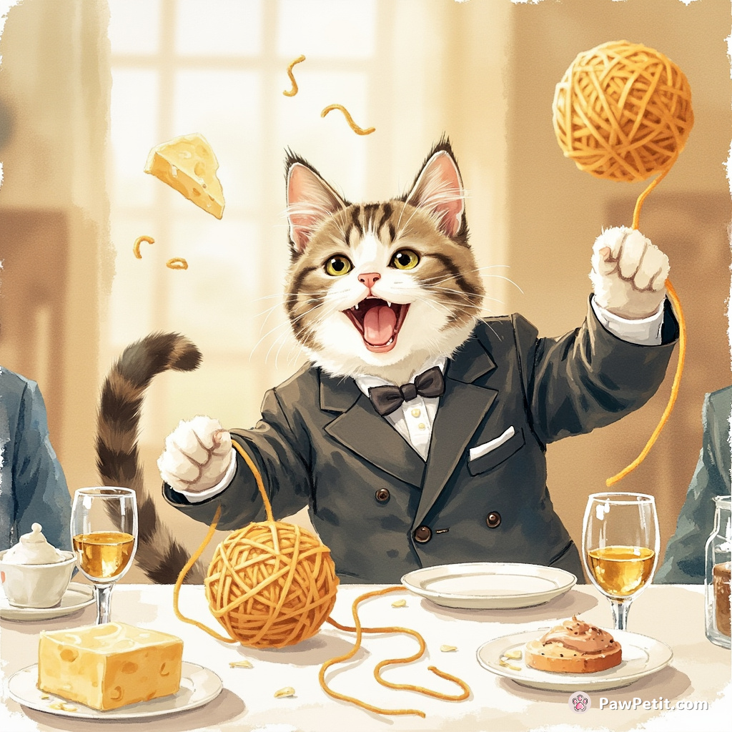 Cat wearing suit throws dinner party, bounces around ball of yarn - guests confused why ‘Simon’ rushes after falling parmesan.