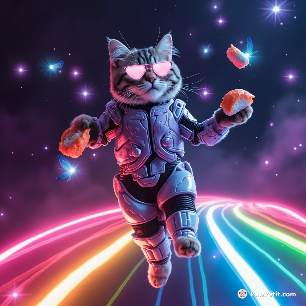 Cybernetic cat sashaying on a rainbow in a neon galaxy, juggling interstellar sushi rolls as star butterflies flutter around.