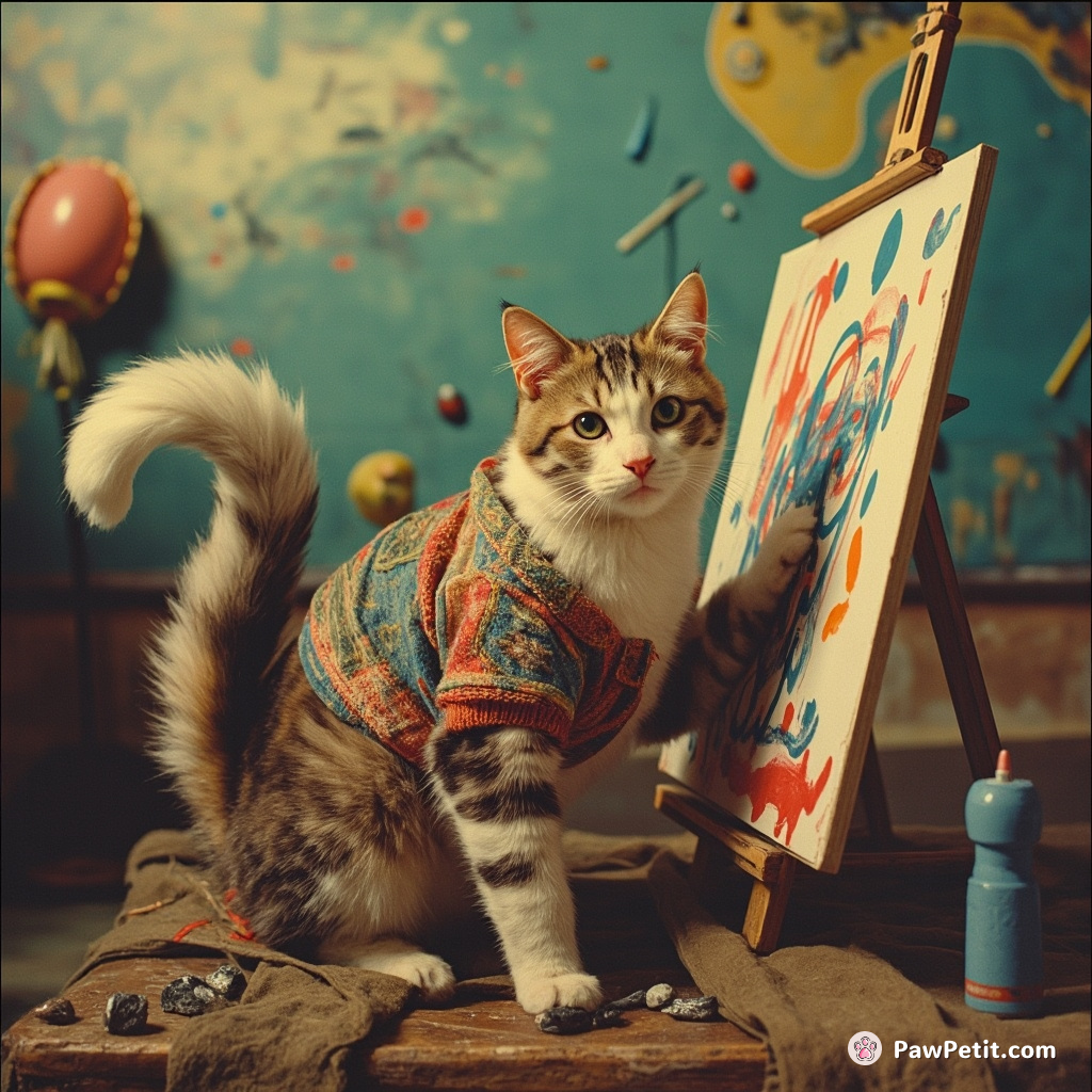 In a world where cats rule, Whiskers the cat attempts to out-paint Picasso, whisking its tail dramatically in concentration.