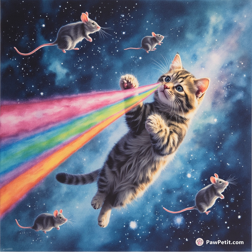 Trippy galaxy cat, floating in zero-gravity, shooting rainbow lasers from its eyes at an alien invasion of cosmic mice.