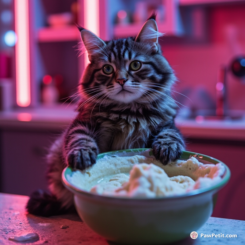 A cat, convinced it can out-bake humans, rhythmically stirs a bowl of imaginary dough with its paw, whiskers twitching with determination.