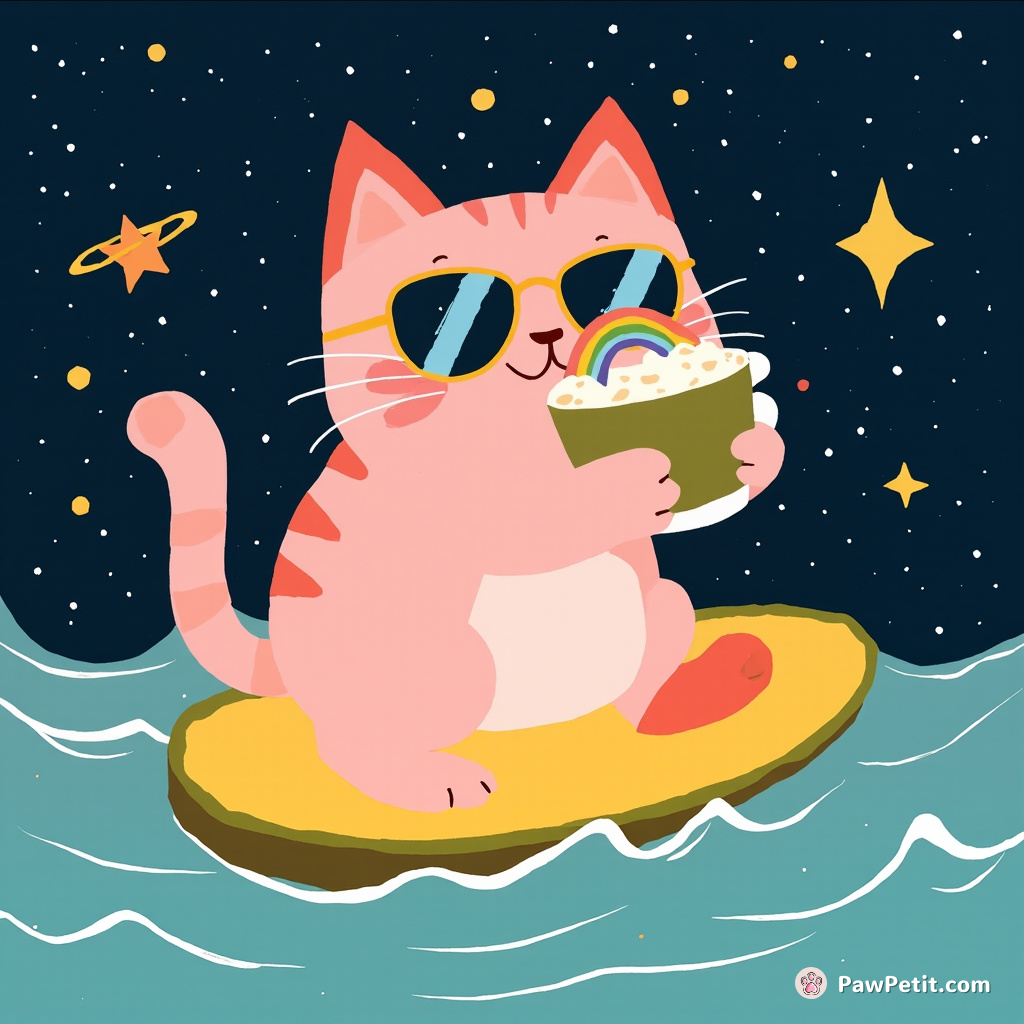 A pastel pink cat sipping a rainbow latte while surfing on an avocado toast in cosmic space.