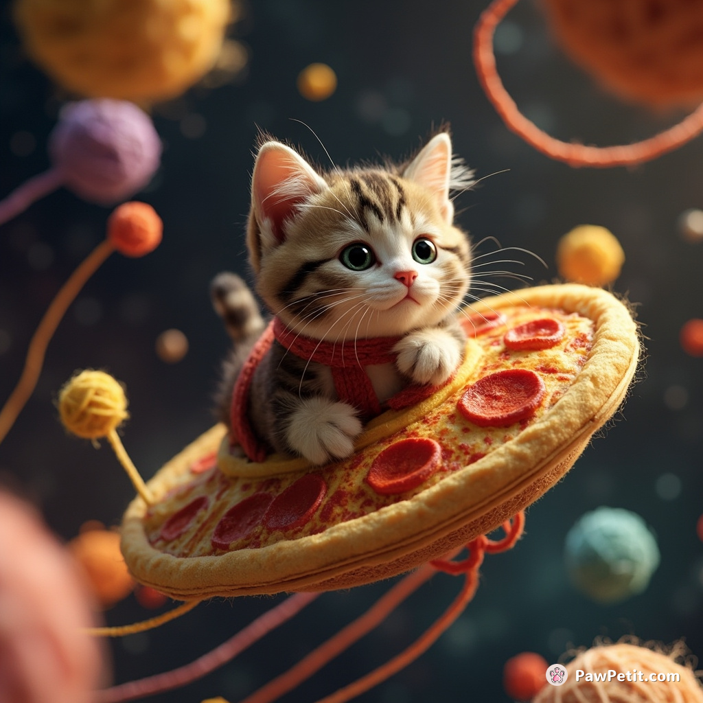 A cat riding a pizza-shaped spaceship through a universe made of yarn.