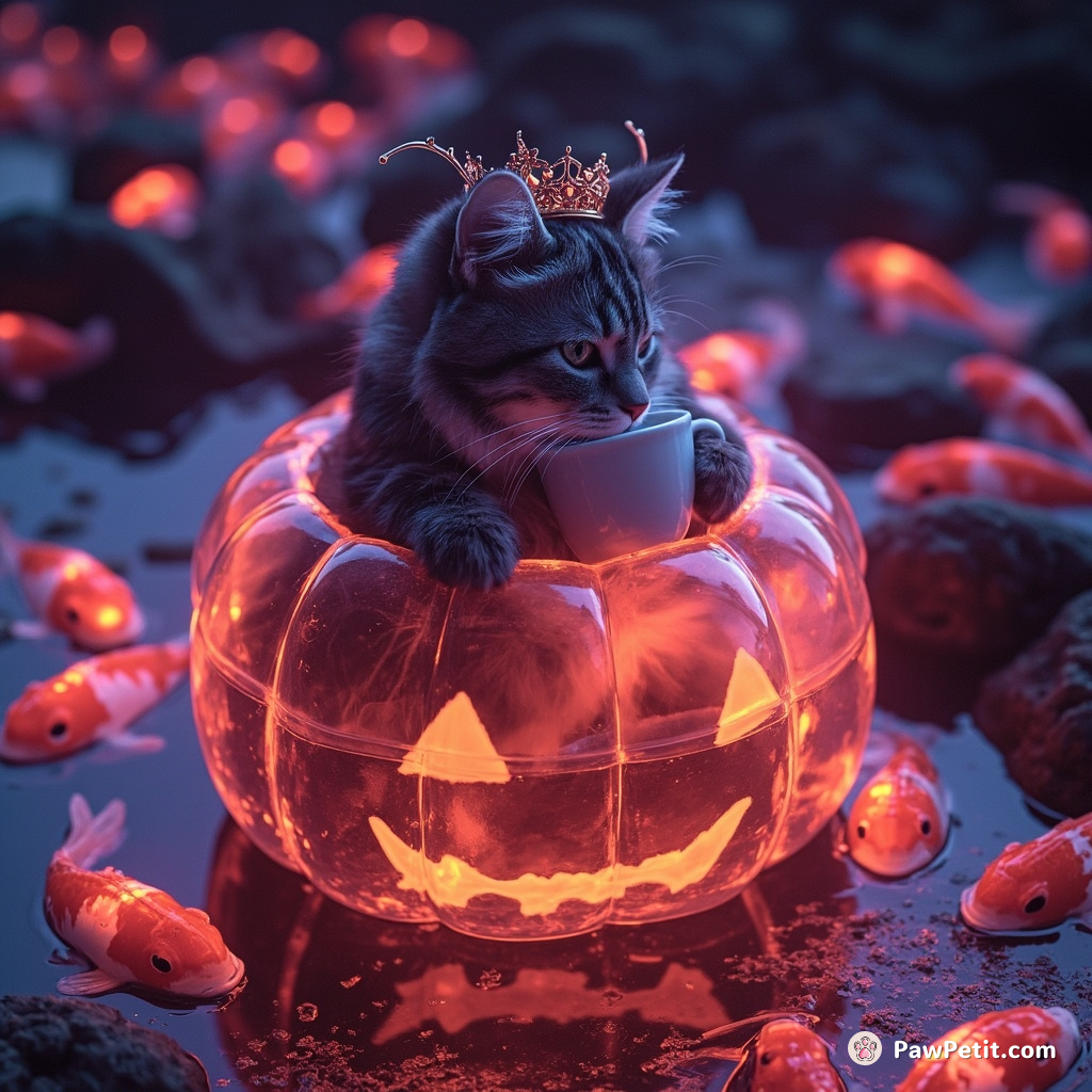 A mystical cat sipping tea inside a transparent pumpkin floating down a river of glowing neon koi fish.