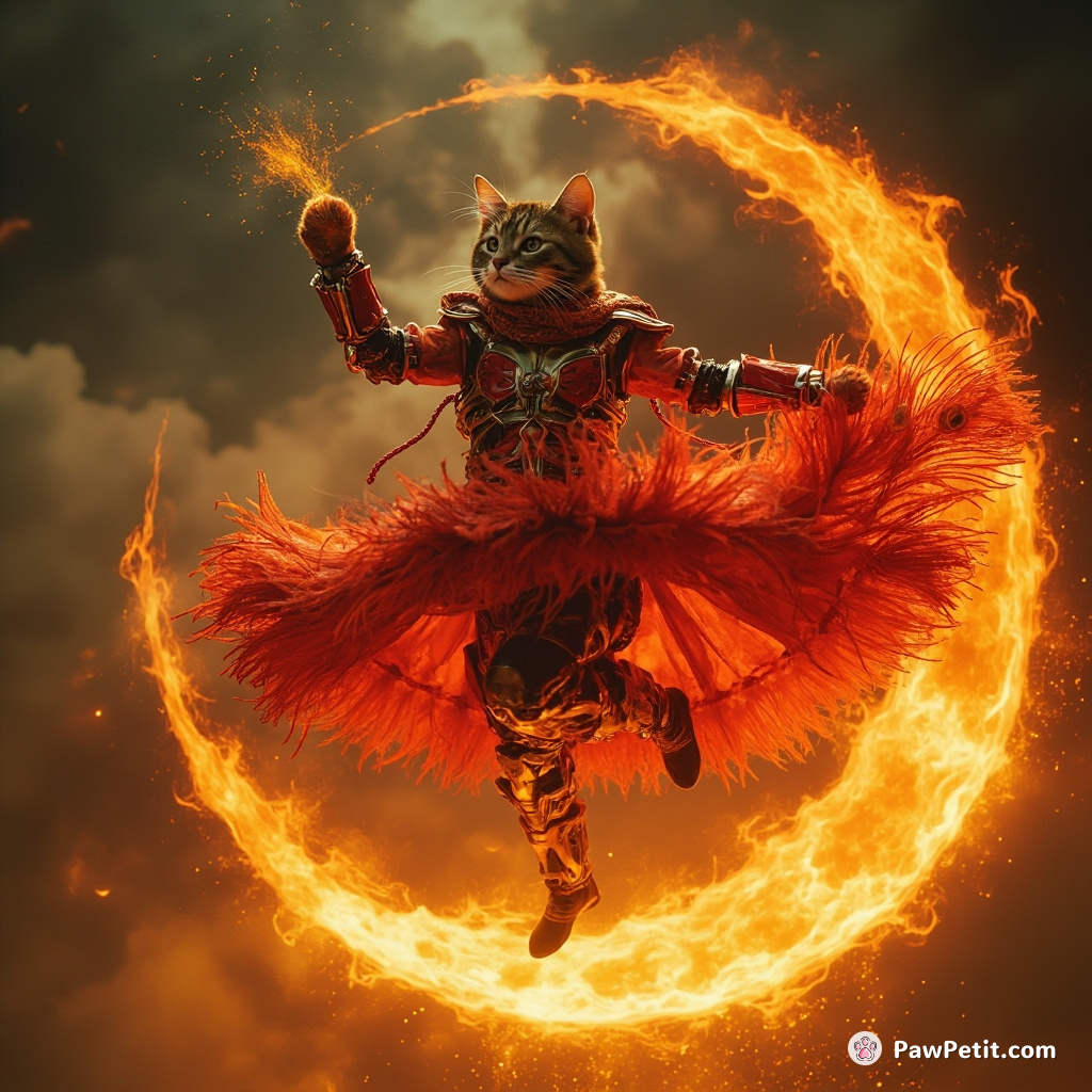 Cyborg cat performing a fiery flamenco on melted cheese moon, draped in neon-red peacock feathers.