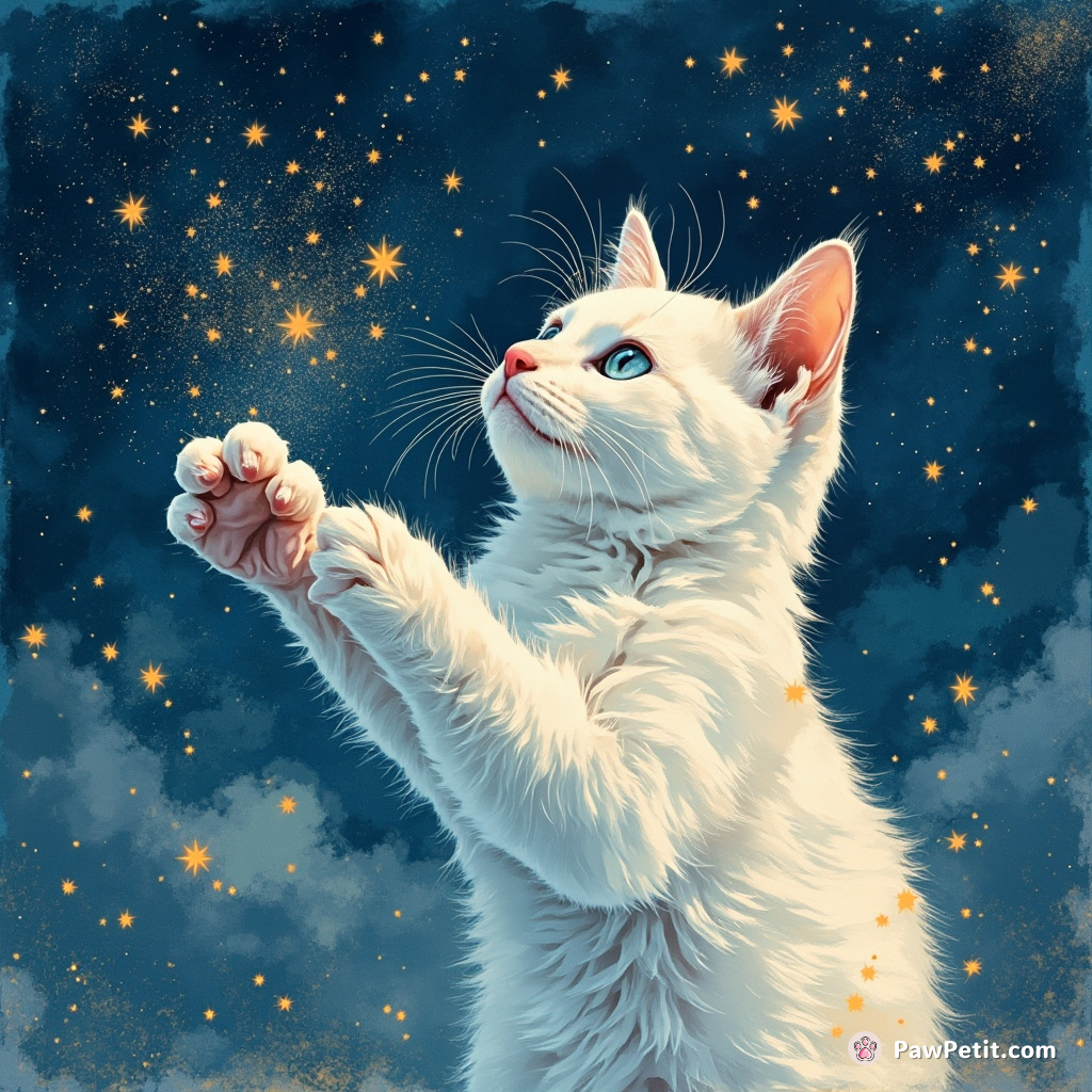 In a digital realm, the feline crafts constellations by swiping through virtual stardust with its paw.