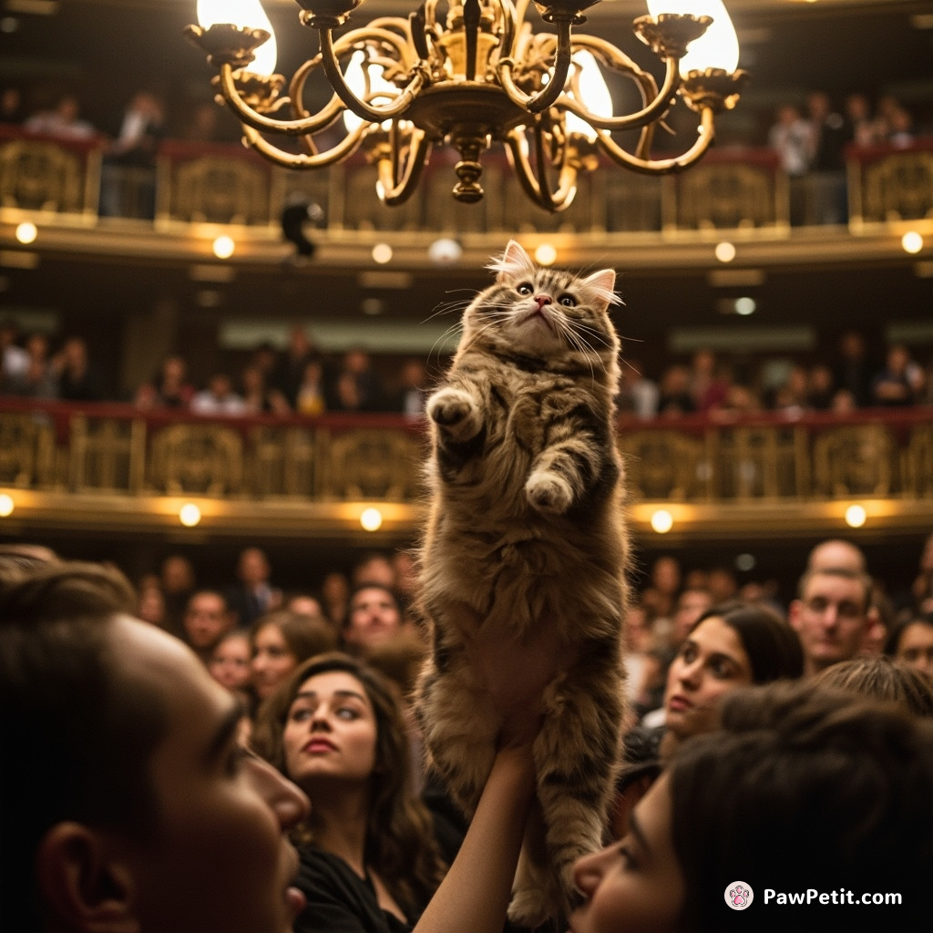 The cat leaps onto a chandelier, knocking it loose and sending it swinging wildly above the panicked crowd.