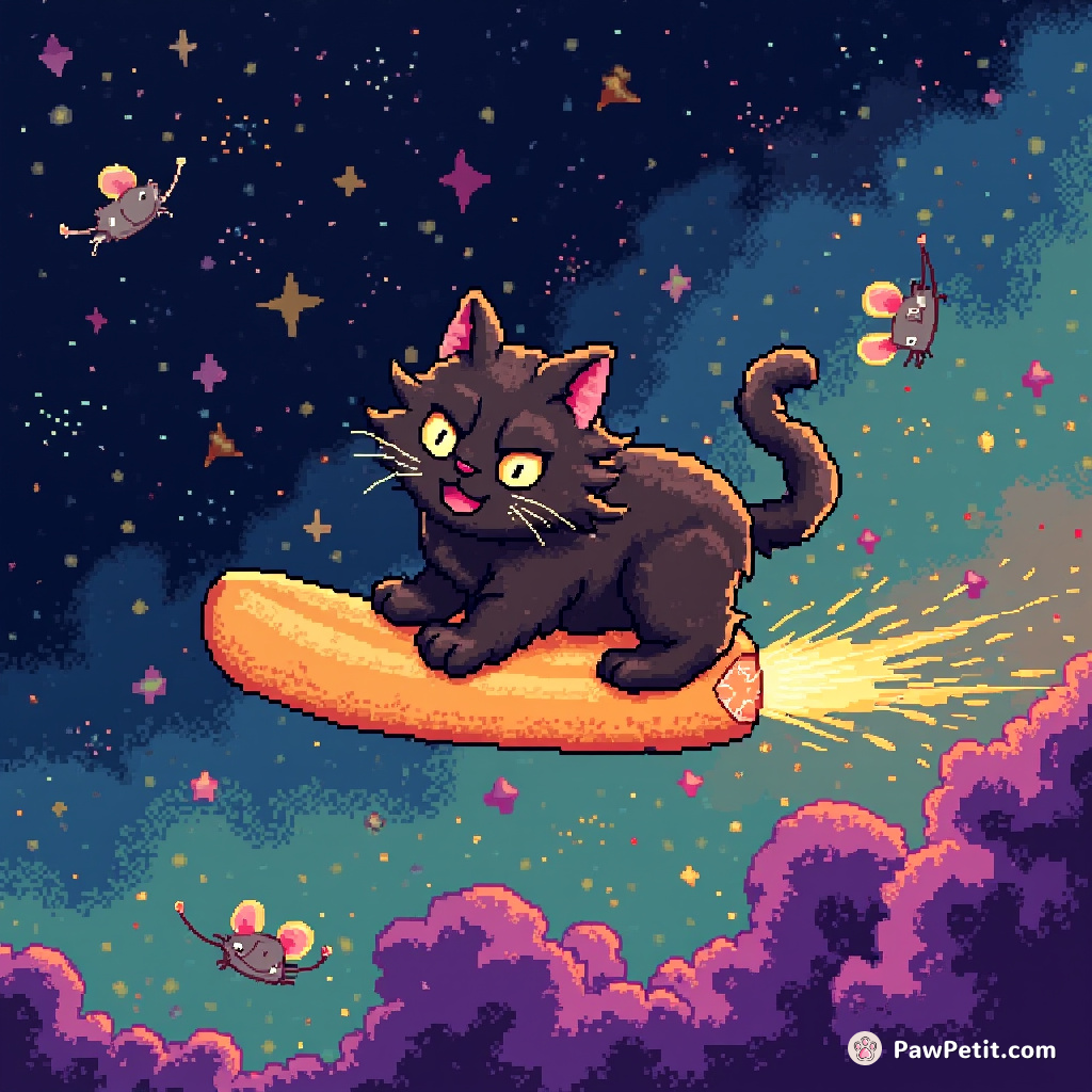 A stealthy cat surfing on a baguette in the galaxy, chasing after sparkling space-mice.