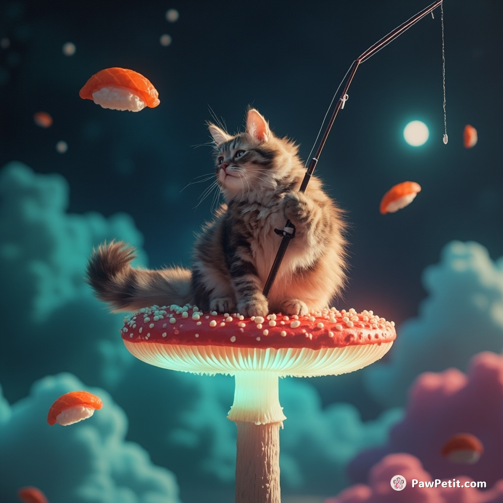 Cat balanced precariously on a neon toadstool in space, lazily chasing floating sushi pieces with a fishing rod.