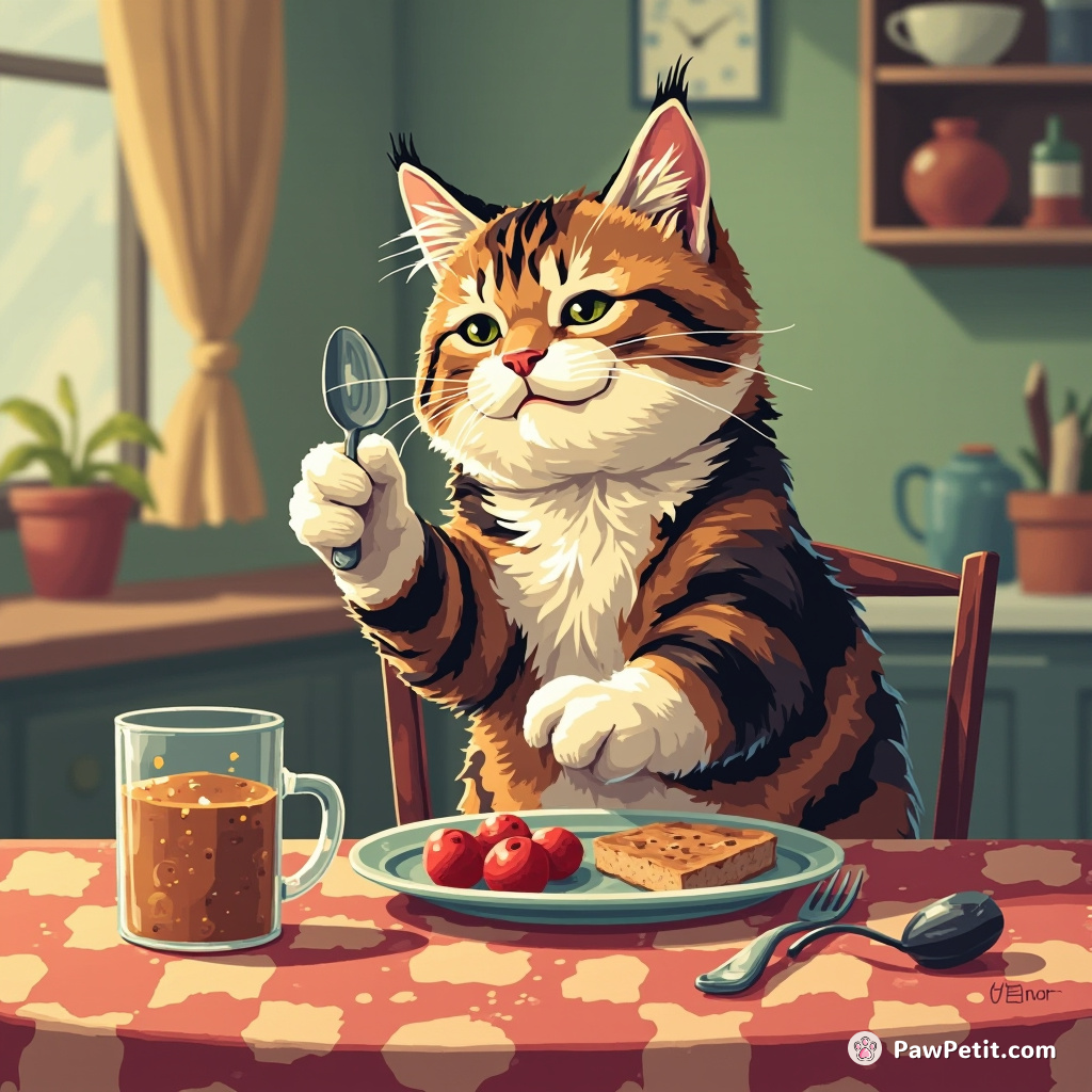 The cat sits upright at the table, meticulously pawing a spoon into an imaginary mouth with intense concentration.