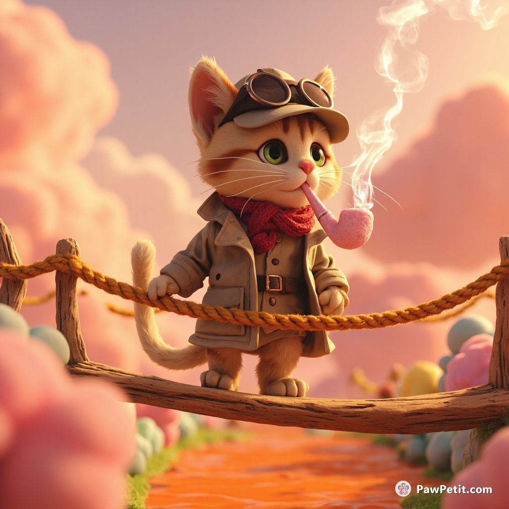A cat in a detective trench coat, smoking bubblegum pipe, crossing a yarn bridge over an orange riverflowing under a cotton candy sky.