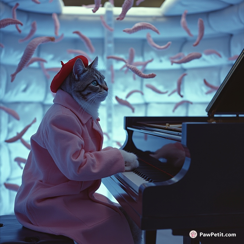 A beret-clad cat invoking a rain of fishbones with her impromptu symphony on a grand piano, inside an igloo.