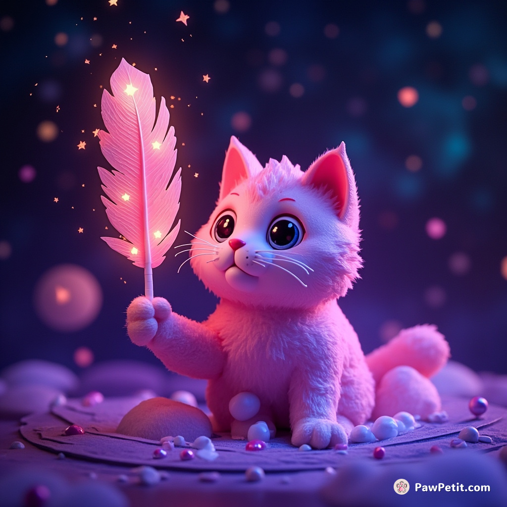 A neon pink cat creating constellation patterns with a magic feather dipped in starlight on an interstellar canvas.