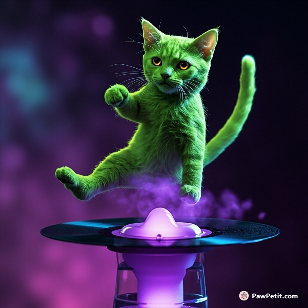 A neon green 80's pixelated cat breakdancing on a spinning vinyl record unpredictable atop a floating purple cosmic lava lamp.