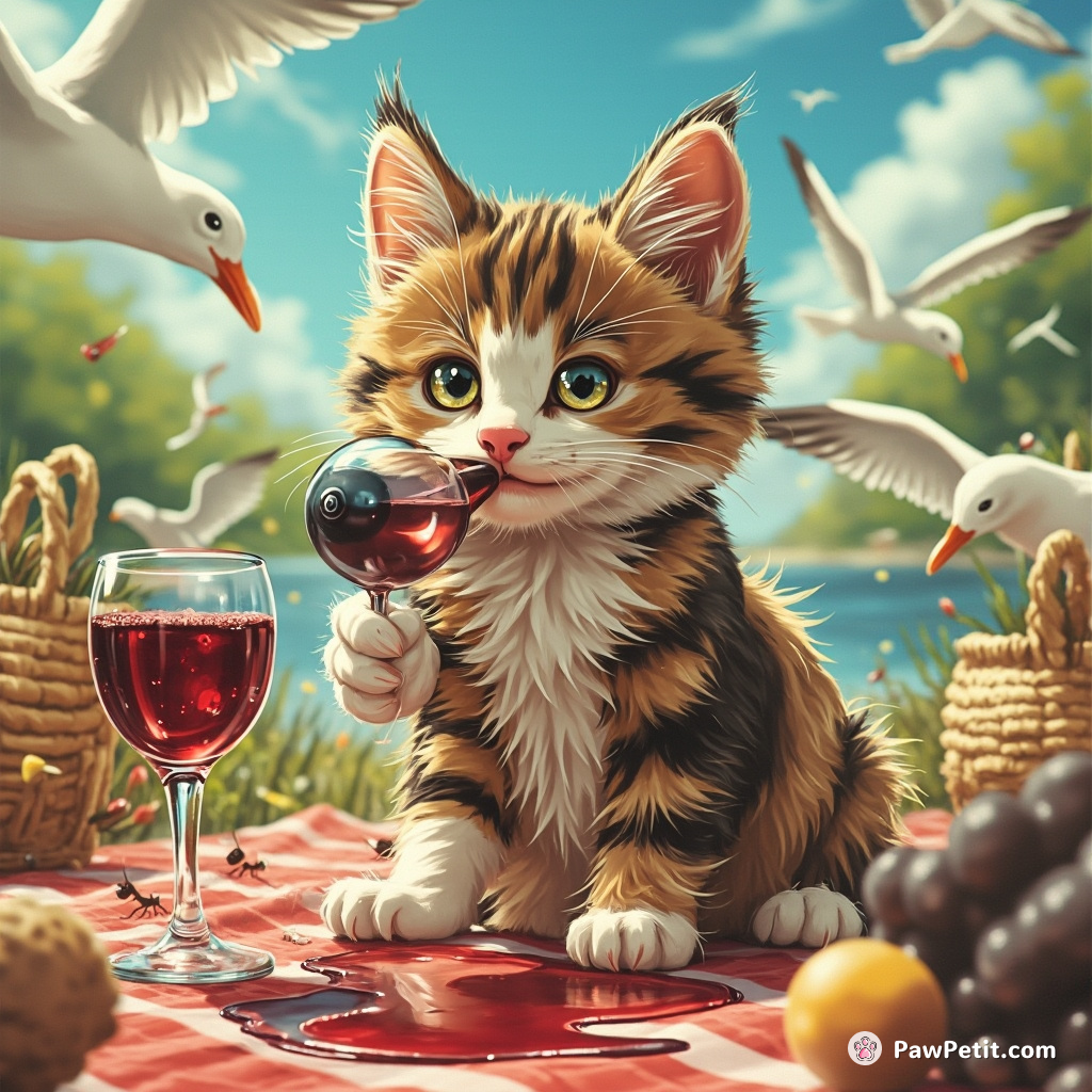 Amidst a picnic chaos, the cat flamboyantly sips spilled wine, unsullied by squawking seagulls and scuttling ants.