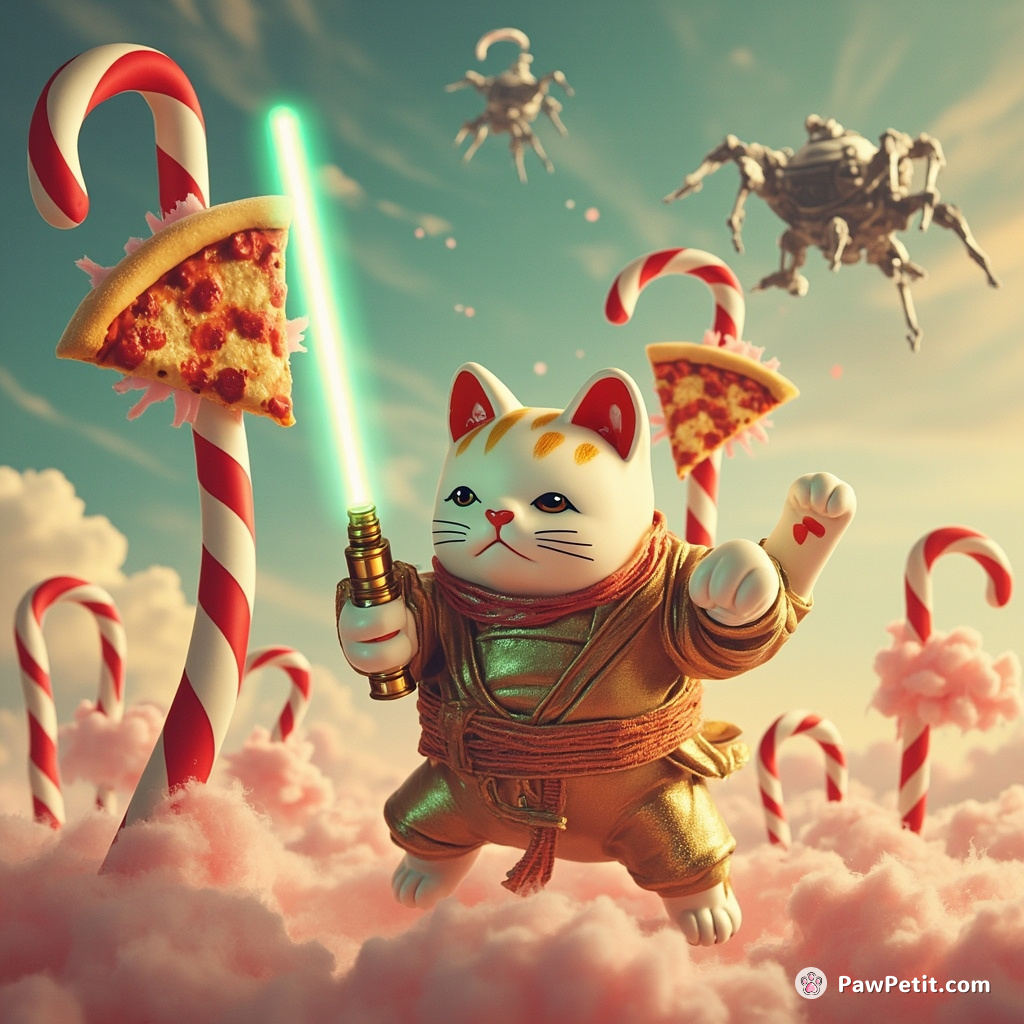 A three-legged cat swinging a lightsaber, ceremoniously defending pizza slices which are growing on candy cane trees against tripods invaders from Mars under a swirling cotton candy sky.