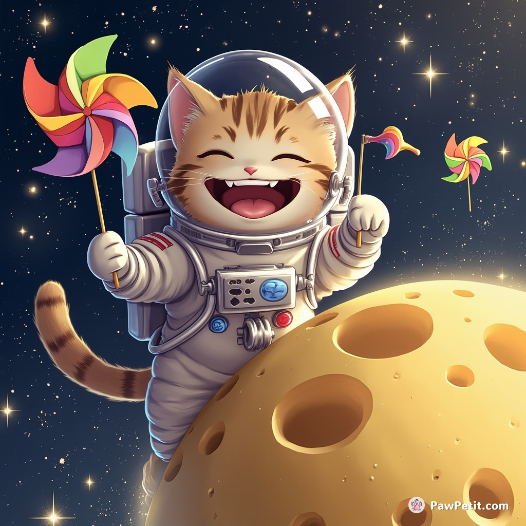 A mischievously grinning astronaut cat orbits a sparkly cheese moon, planting tuna flavored, rainbow throwing pinwheel flags.