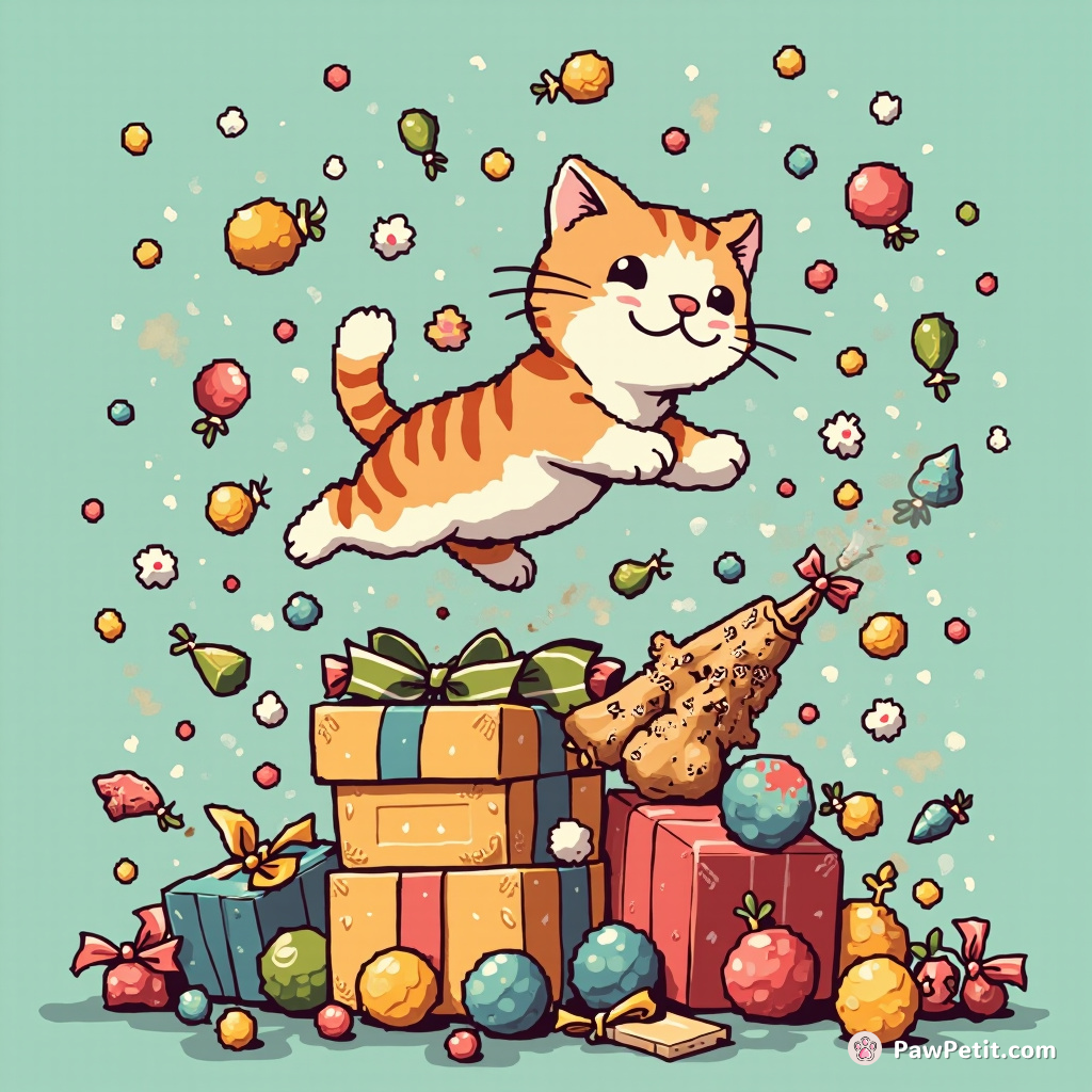 The cat leaps onto a stack of boxes, sending colorful decorations tumbling in a chaotic yet charming cascade.