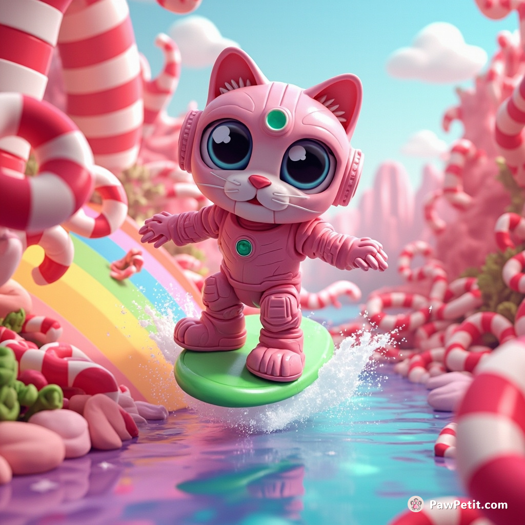 Cyborg cat surfing on a rainbow river flowing through a candy cane forest.