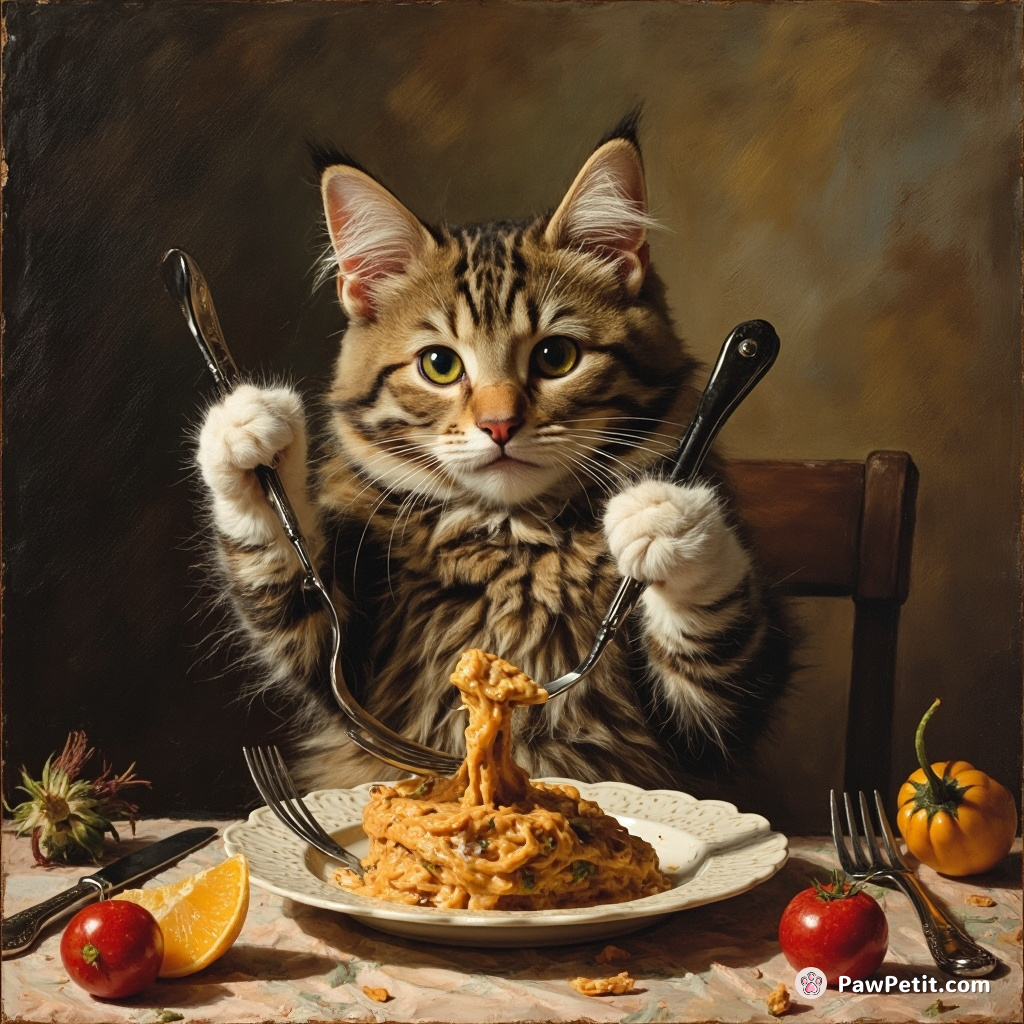 In a whimsical jumble, the cat fumbles with utensils, mirroring human dining etiquette.