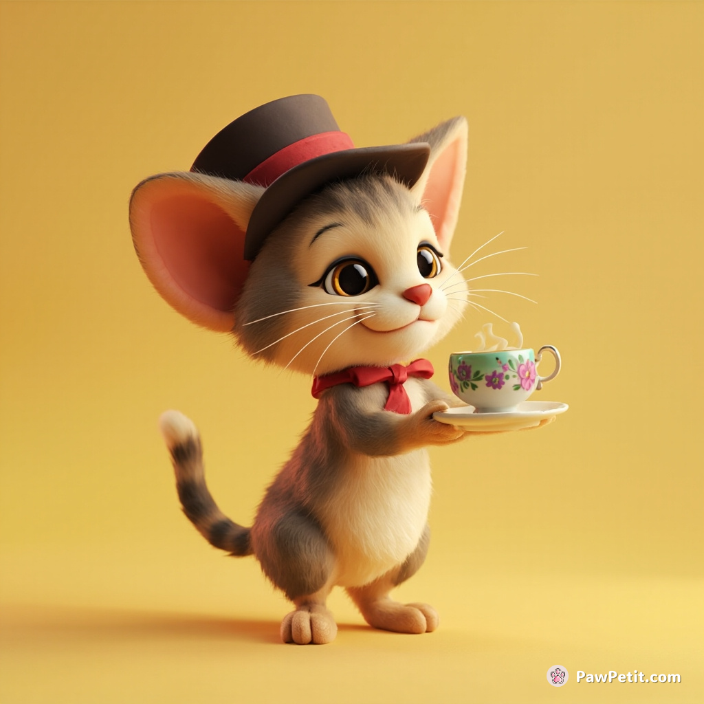 Curious Whiskers dons a tiny hat, awkwardly struts on hind legs, and tries to sip tea from a saucer.