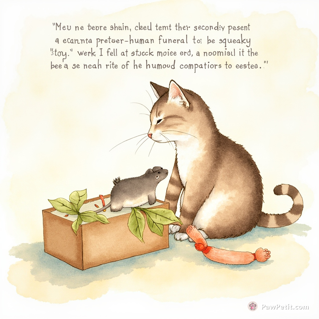 Cat stages lavish pretend-human funeral for squeaky mouse toy, believing it's essential rite of human companion's existence.