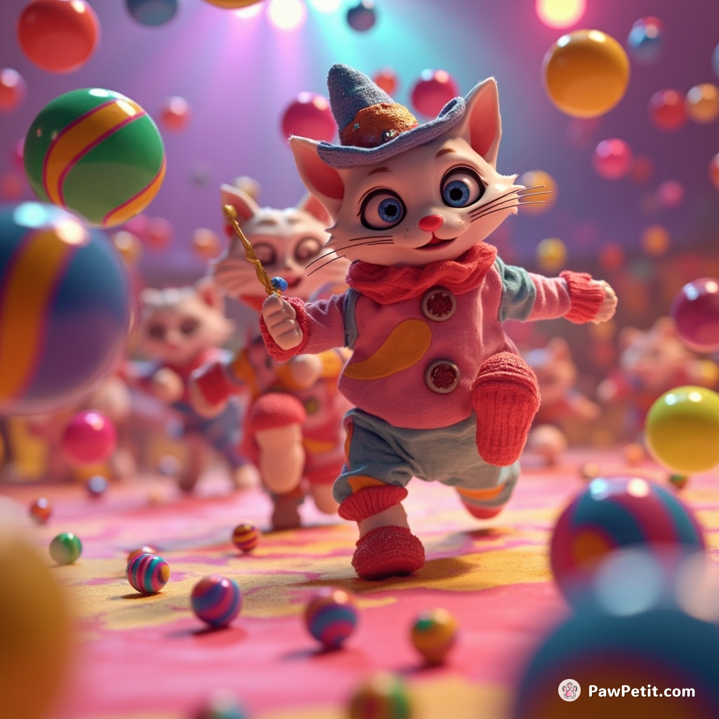 Neon marbles racing in a grand feline circus, led by a contorting saccharine sweet clown cat.