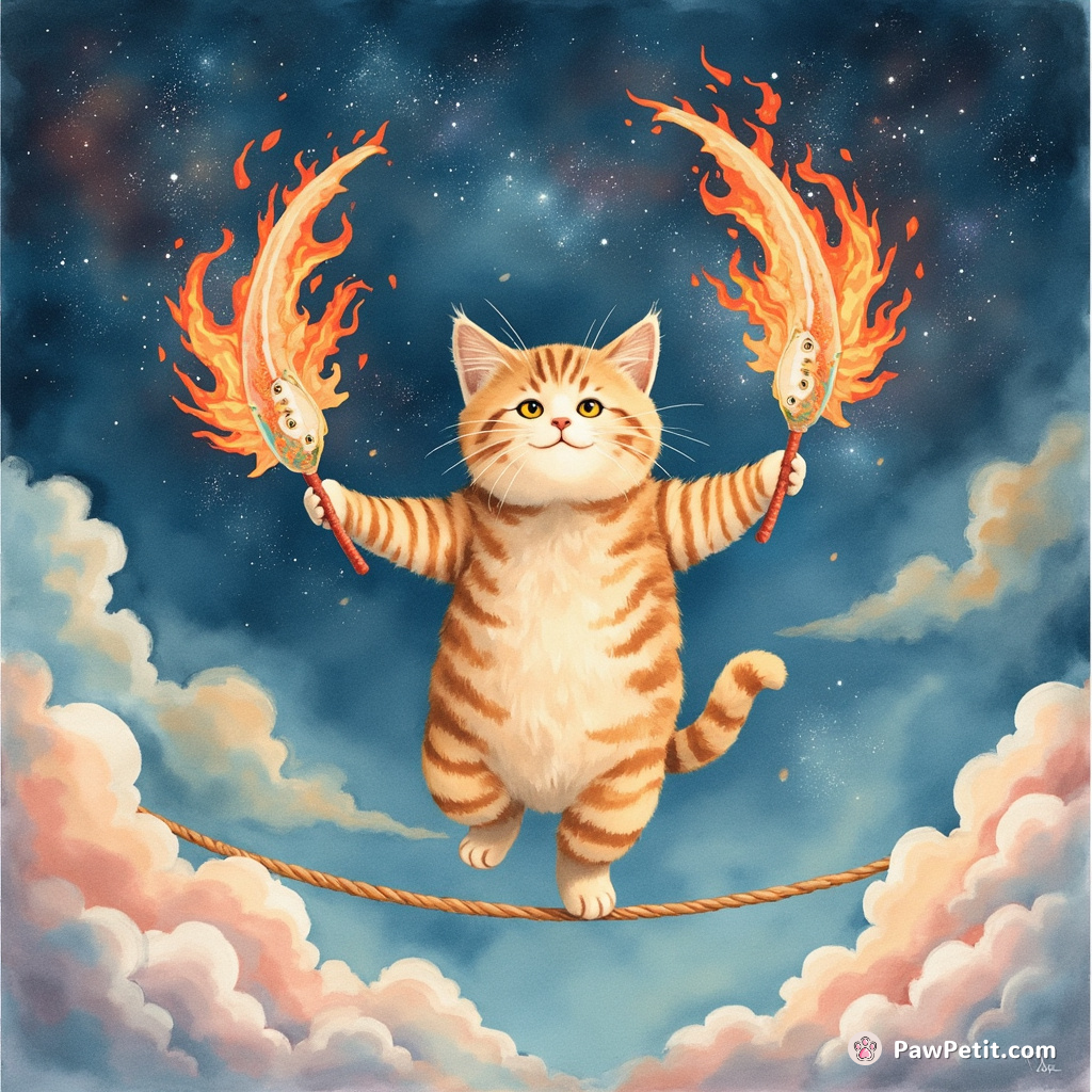 Cat juggling flaming swordfish on a tightrope strung between two nebula clouds.