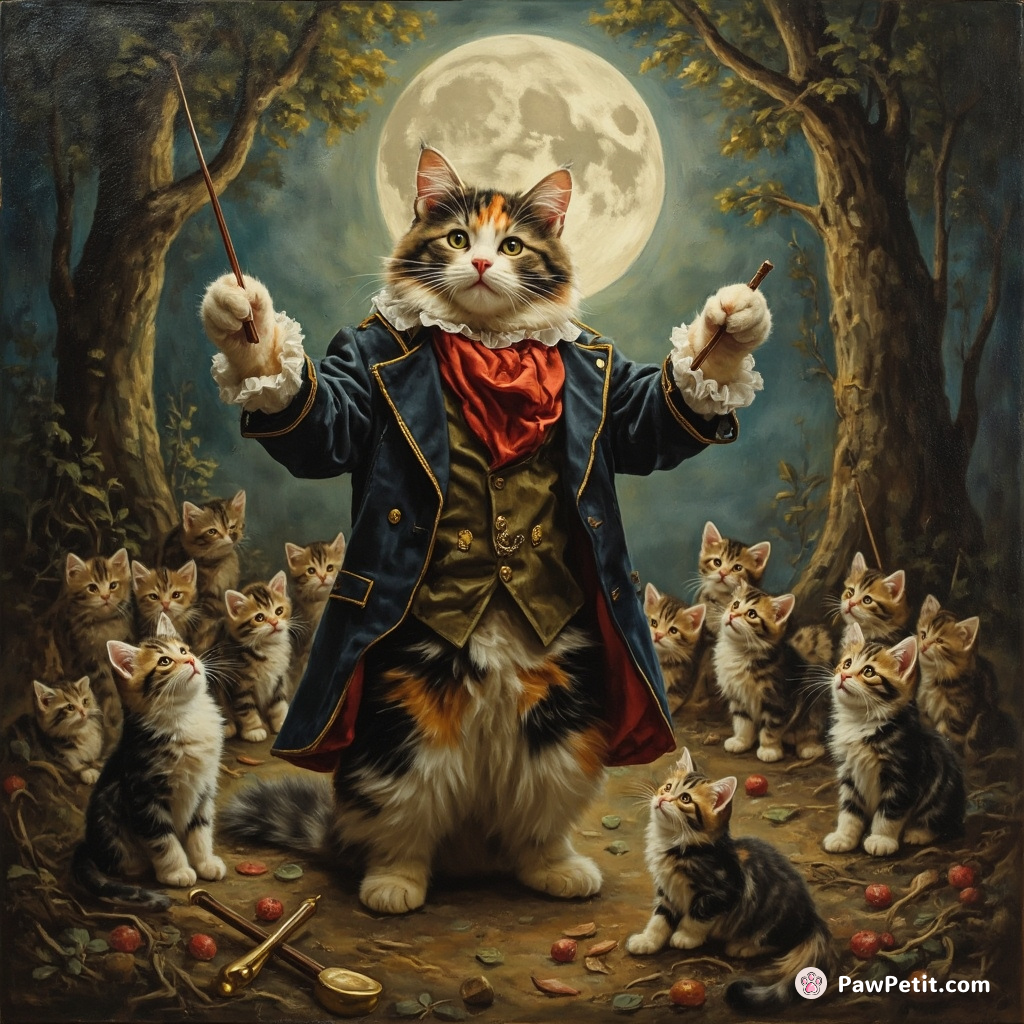 A multicolored cat standing on its hind legs, conducting a symphony of meowing kittens in a moonlit forest while dressed as Beethoven.