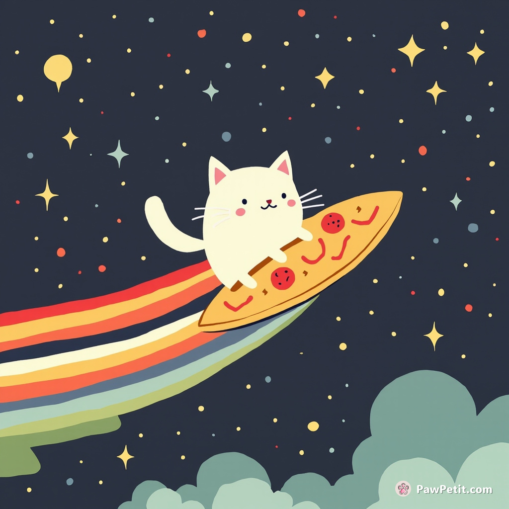 Cat surfing on a pizza slice across a rainbow-strewn galaxy.