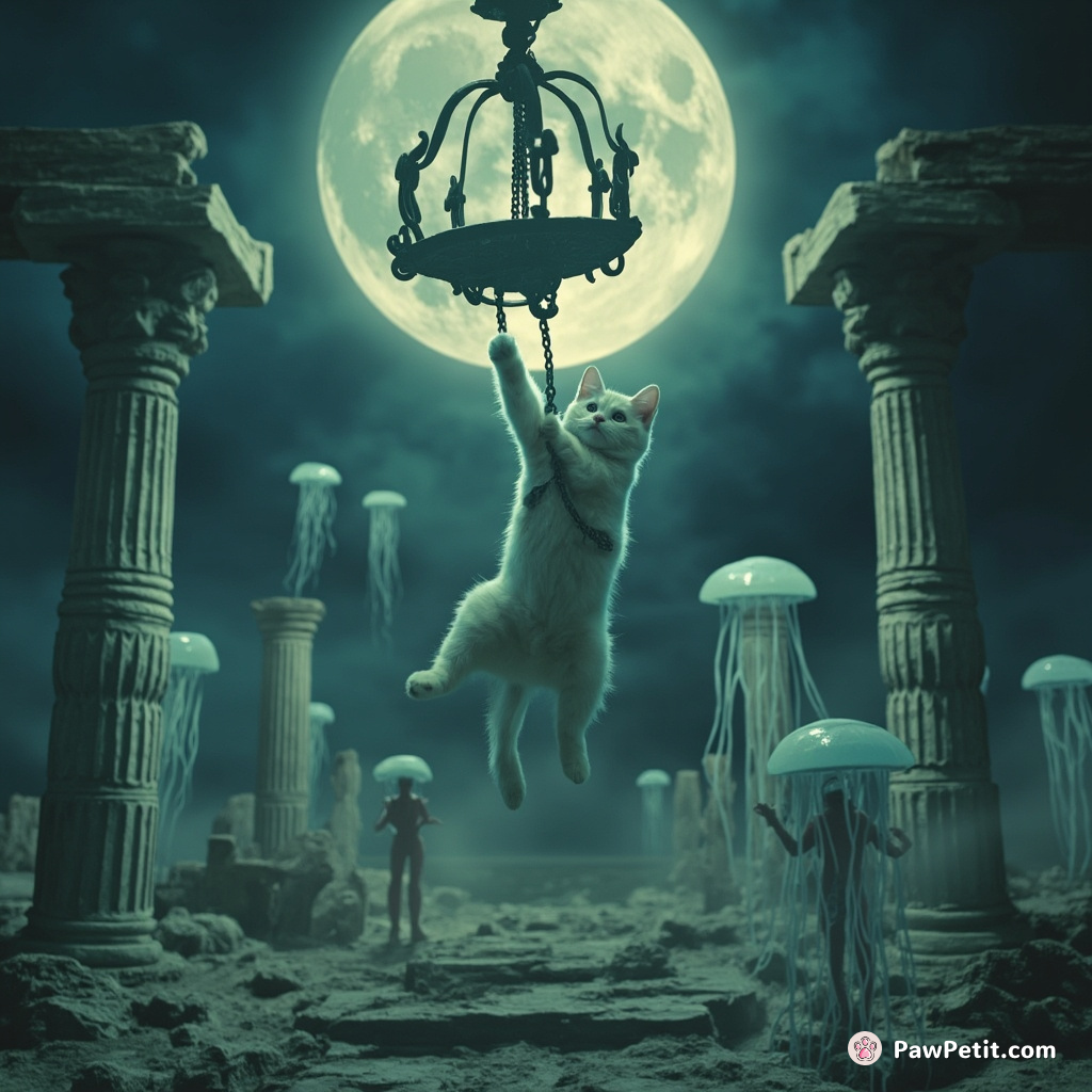 Ghost cat swinging on a moonlit chandelier above Atlantis ruins, eluding jellyfish-alien spectators.