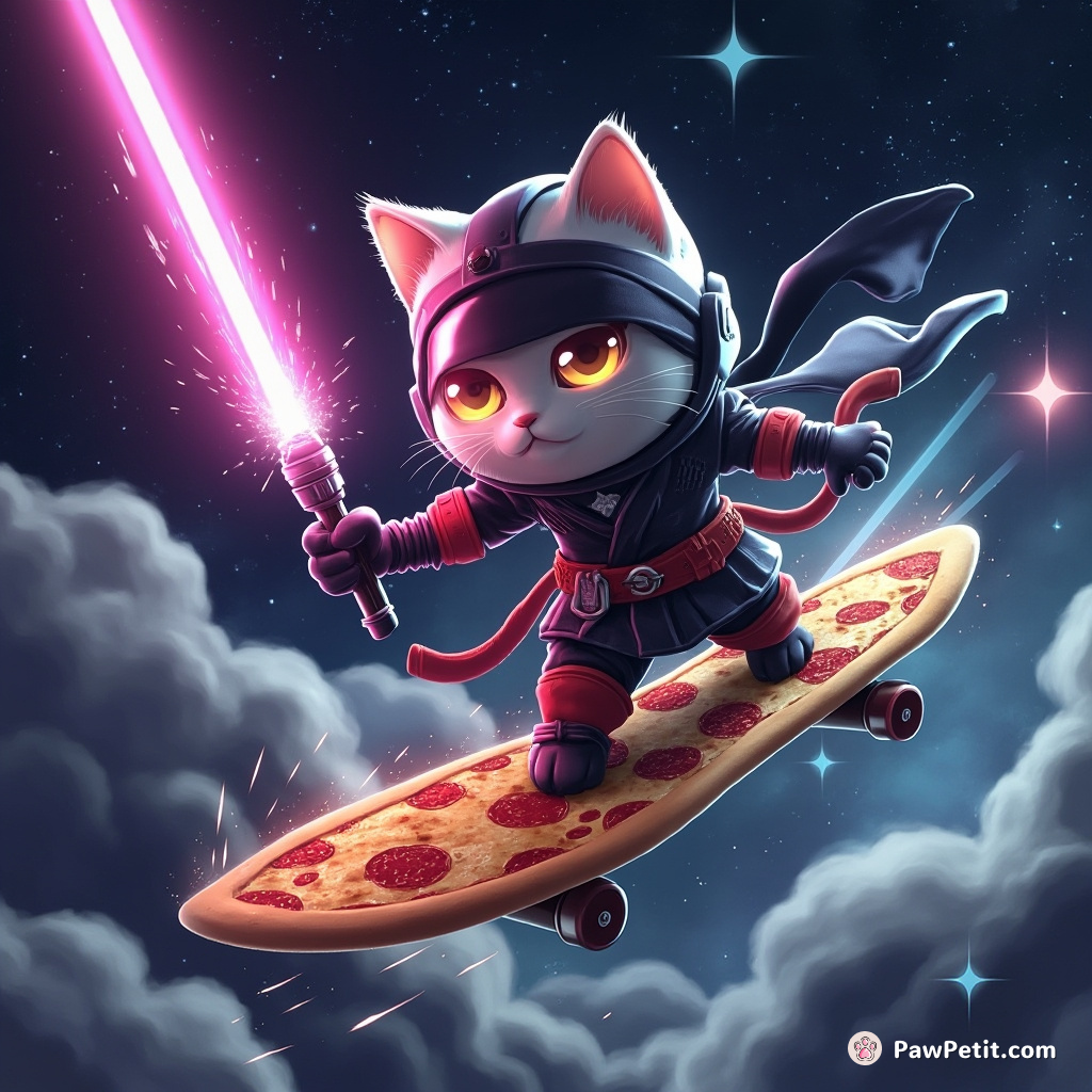 A futuristic ninja cat splitting atoms with a lightsabre while surfing on a slice of galaxy pizza in space.