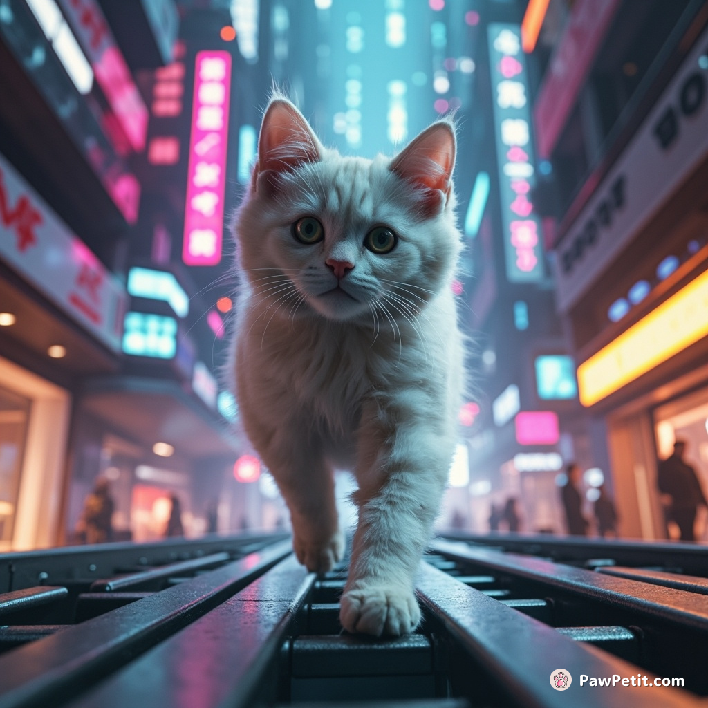 Ultra-slick and futuristic, a bipedal cat moonwalks flawlessly across magnetic skyways in a nano-tech metropolis.