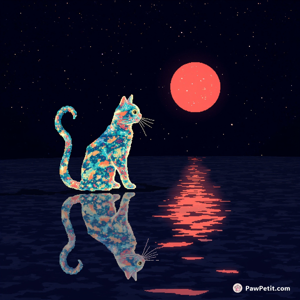 A crystalline cat observing its reflection in Jupiter's luminous red spot, its tail forming interstellar constellations.