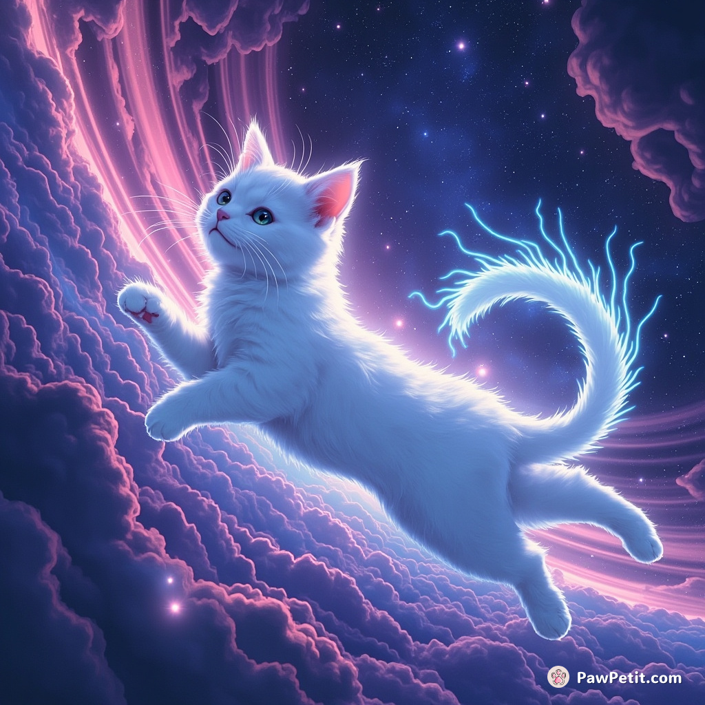 A spectral cat leaps through pulsating auroras, weaving dreams in a digital cosmos.