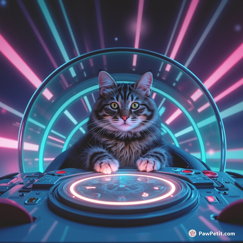 With swift elegance, the cat manipulates holographic controls, maneuvering the cosmic ship through a labyrinth of interstellar gateways.