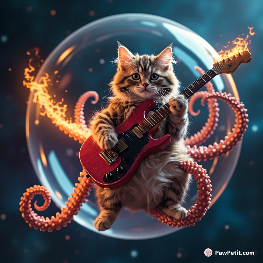 Cat playing an electric guitar with flaming tentacles inside a floating bubble in intergalactic space.