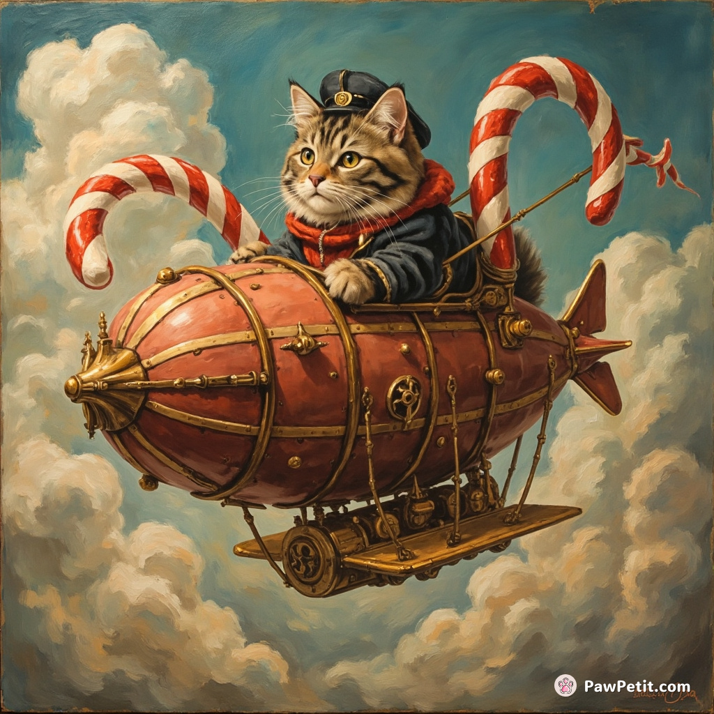 A cat piloting a steampunk airship through candy cane clouds.