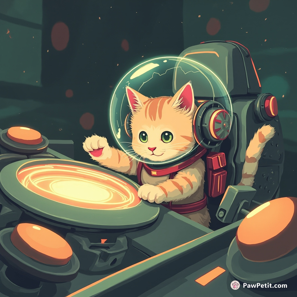 A cat, piloting alien tech, swats a holographic control panel, warping reality with a playful paw-flick.