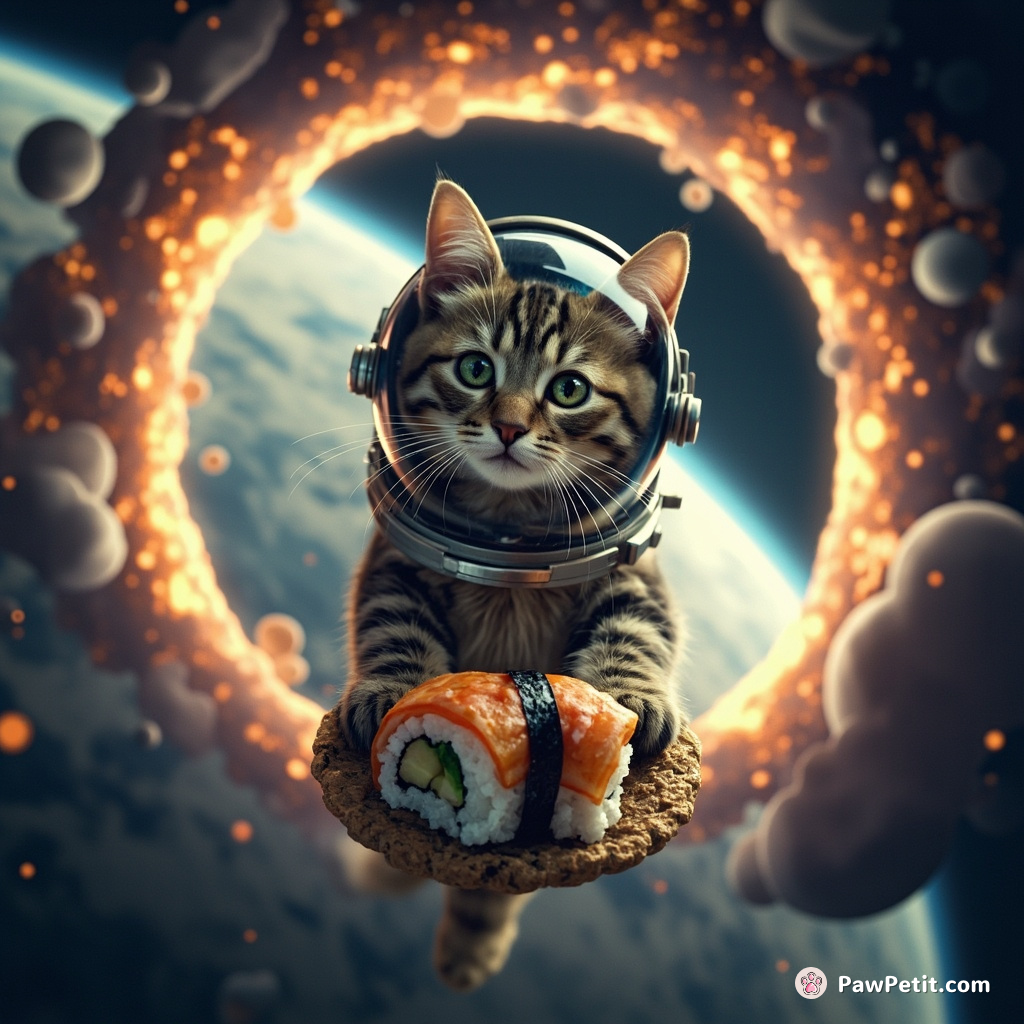 A cat peering through a cosmic portal, balancing on a floating sushi roll in zero gravity, wearing an astronaut helmet.