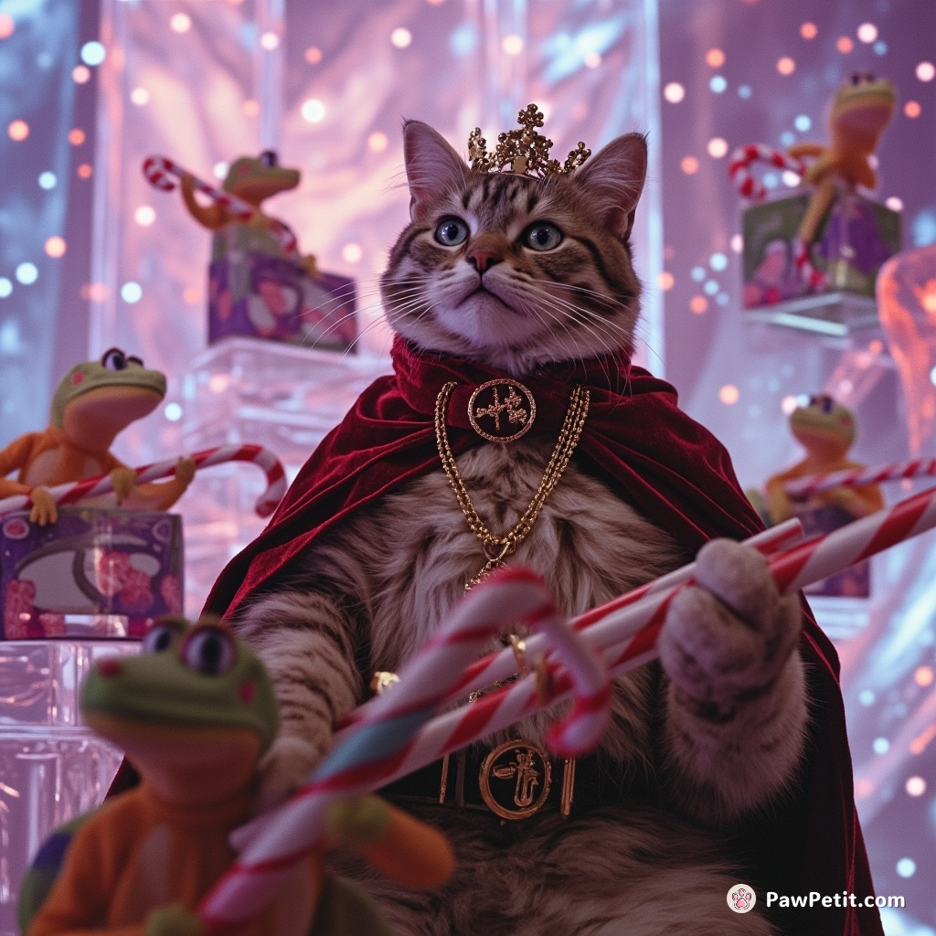 A royal cat wearing a velvet cloak and crown, conducting an orchestra of multicolored geckos on candy cane instruments in a floating crystal palace.