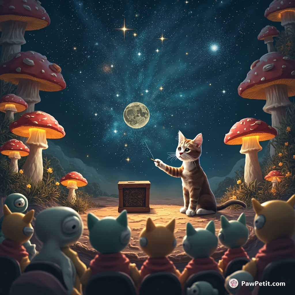 A cat giving a lecture about astrophysics to an audience of tiny aliens in a glowing mushroom forest.