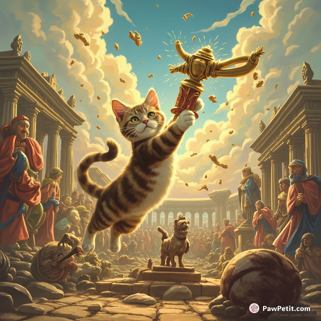 **The Cat's Triumph:** A flick of its tail accidentally toppled a statue, hailed as a grand gesture of defiance, earning feline fame.