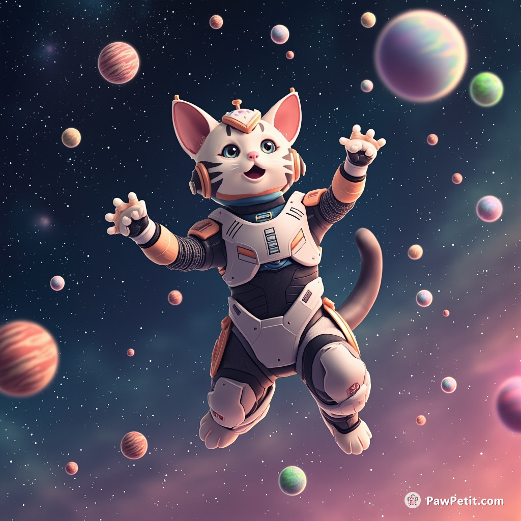 Cyborg cat juggling miniature planets in zero gravity against a cosmic backdrop.