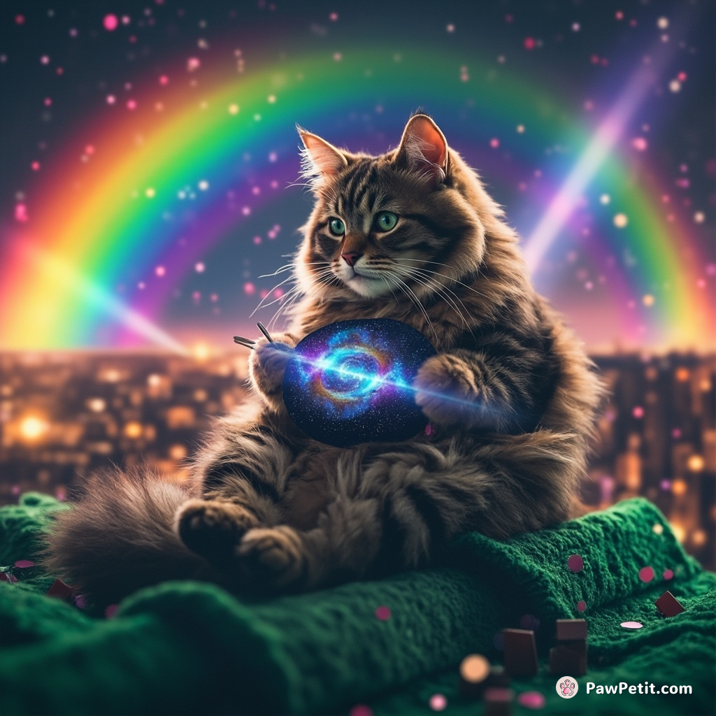 Cat casually knitting a galaxy on an emerald rooftop under a confetti-filled rainbow.