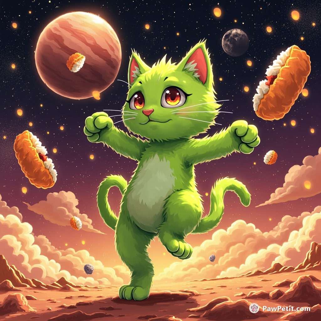 A fluorescent green cat breakdancing on planet Mars while sushi rolls rain from the caramel sky.