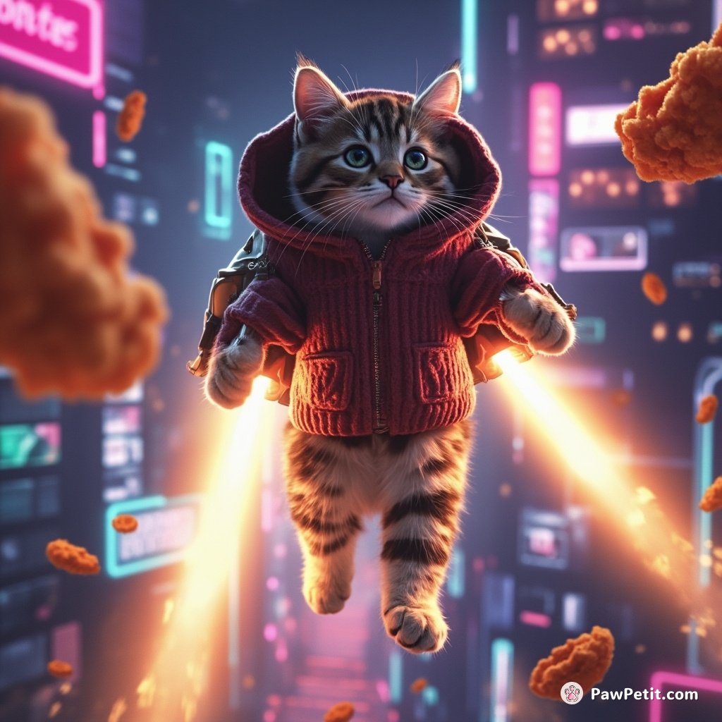 Jetpack-clad cat blasting through a neon cityscape chasing flying cheetos.