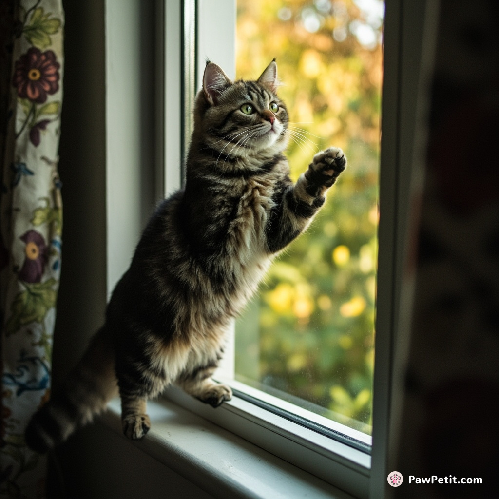 Cat leaps onto windowsill, paws pressed against glass, yearning for the forbidden garden outside.