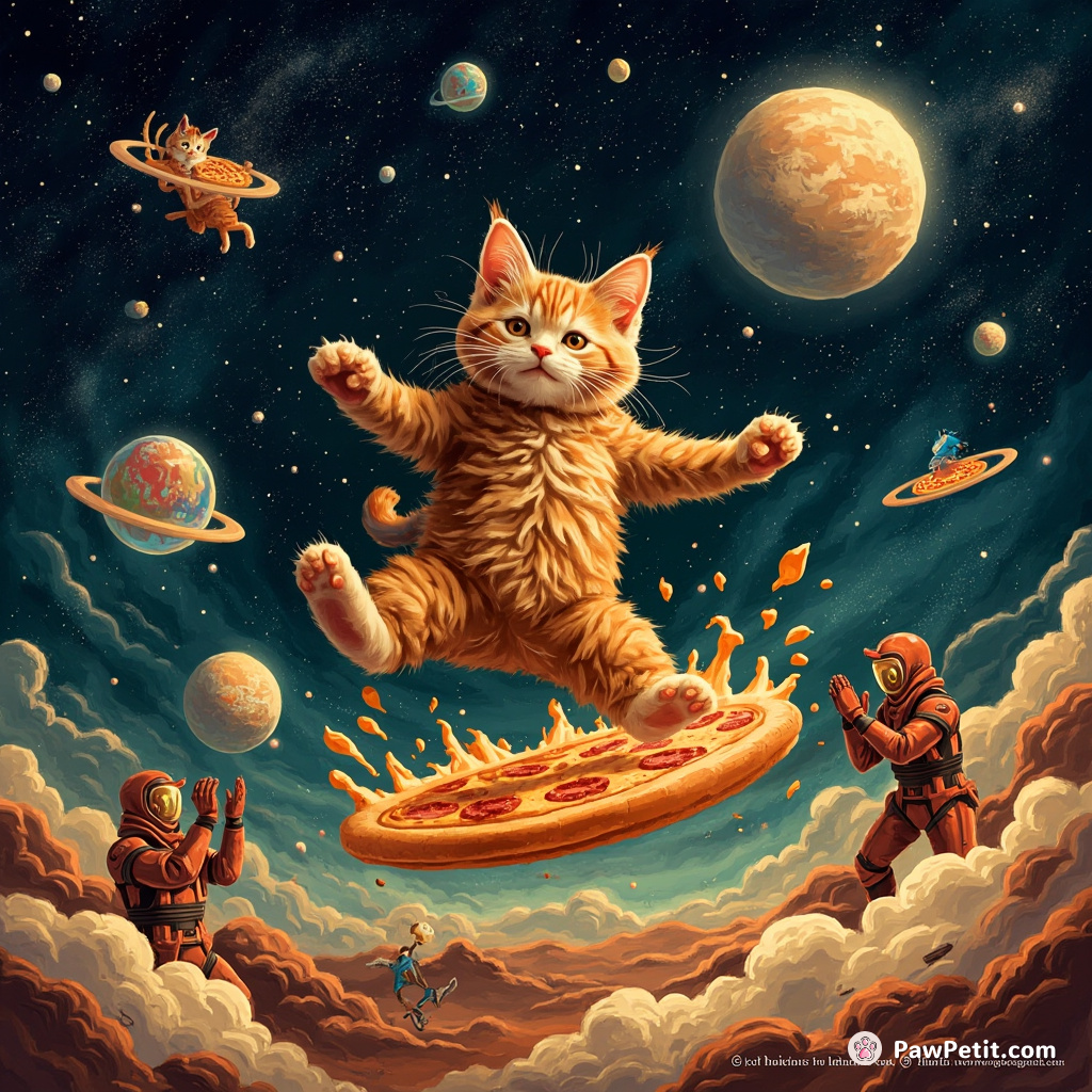A ginger cat breakdancing on a floating slice of pizza in outer space, while Martians cheer and clap.